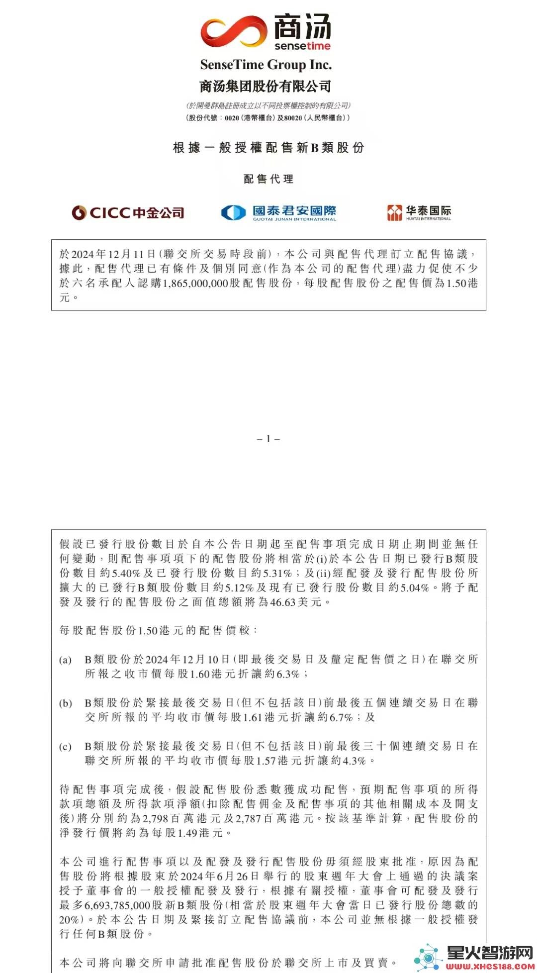 商汤集团以每股1.5港元配售18.65亿股，计划筹资约28亿港元加码AI布局